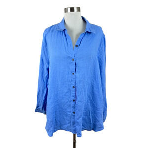 J. Jill Blue 100% Linen Button Front Shirt Size Large Coastal Cruise